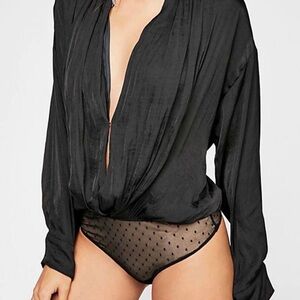 Free People Ladylike Lady Plunge Surplice Bodysuit – Black – Size M